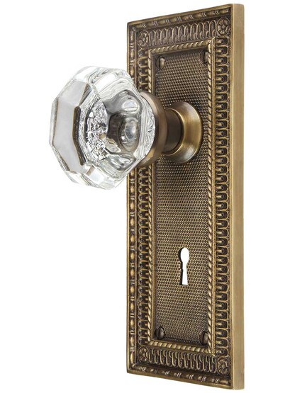 Pisano Design Mortise-Lock Set with Octagonal Crystal Glass Knobs in Antique Brass.